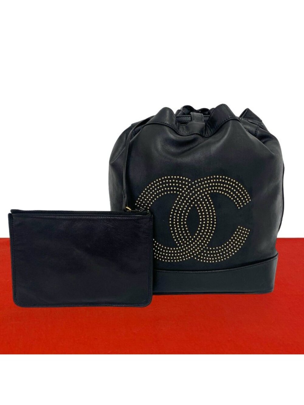 Chanel Vintage CC Logo Studs Leather Drawstring Shoulder Bag Black